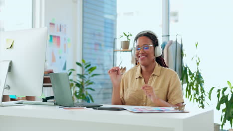 Fashion-designer,-woman-and-headphones-listening