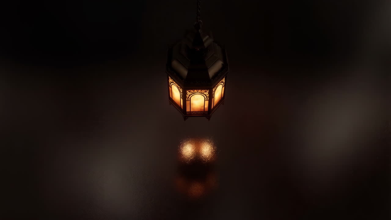 An ornate hanging lantern glowing warmly in the dark with reflections below