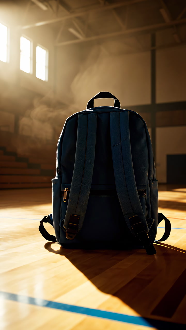 Backpack On Gym Floor In Sunlight Lonely Navy Backpack Centered On Polished Wooden Basketball Court, Warm