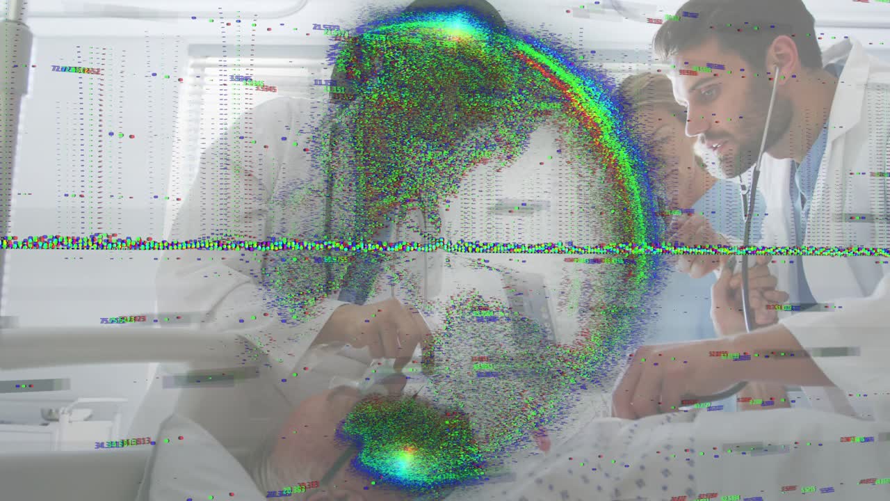 Médico colocando una mascarilla de ventilación mientras un hombre usa un estetoscopio y aplica compresiones guiado por un superior