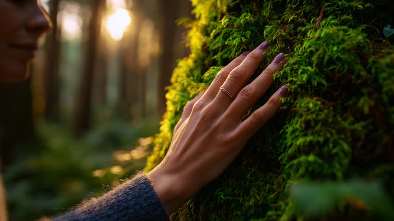 A Close-Up Encounter with Nature: A Hand Gently Touching the Lush Green Texture of Moss on a Tree Trunk, Bathed in the Soft Glow of Sunset Light, Signifying Harmony Between Humanity and the Environment