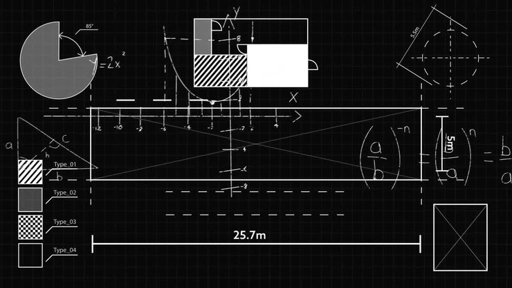 Animation of mathematical data processing over black background