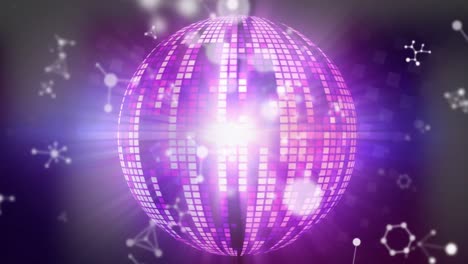 Animation-of-moving-networks,-over-glowing-pink-mirrorball