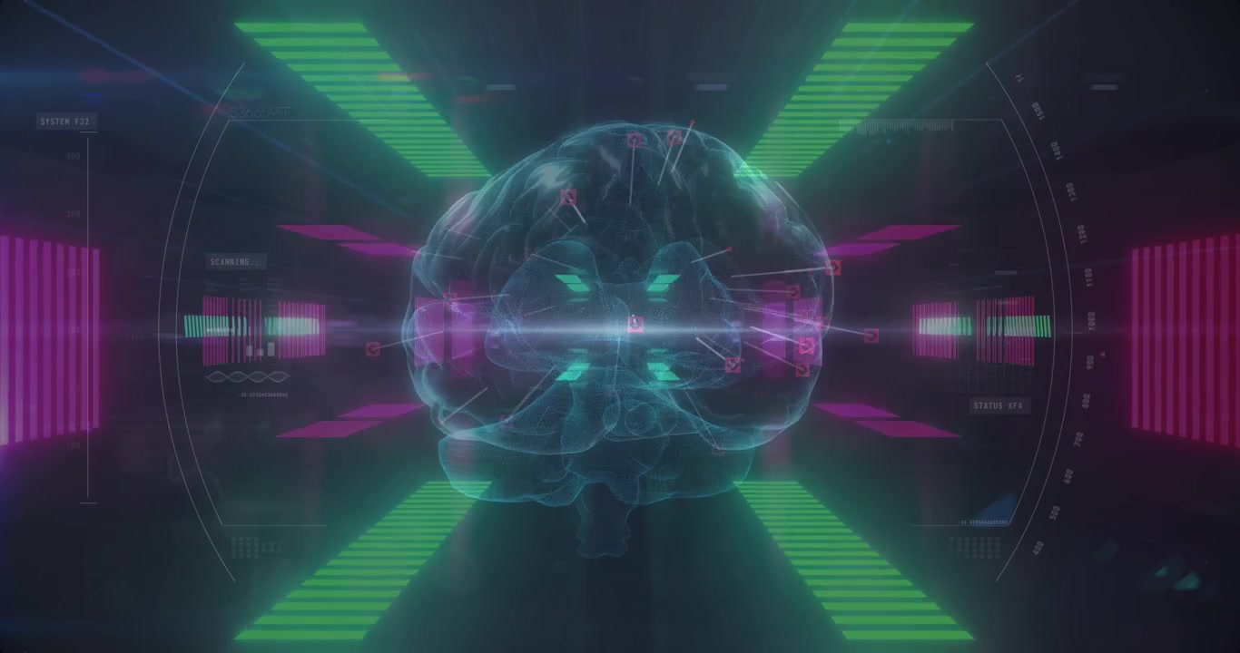 Animation of human brain, scope in pink neon tunnel