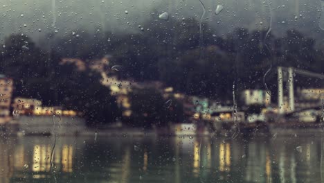 falling rain drops on window surface.