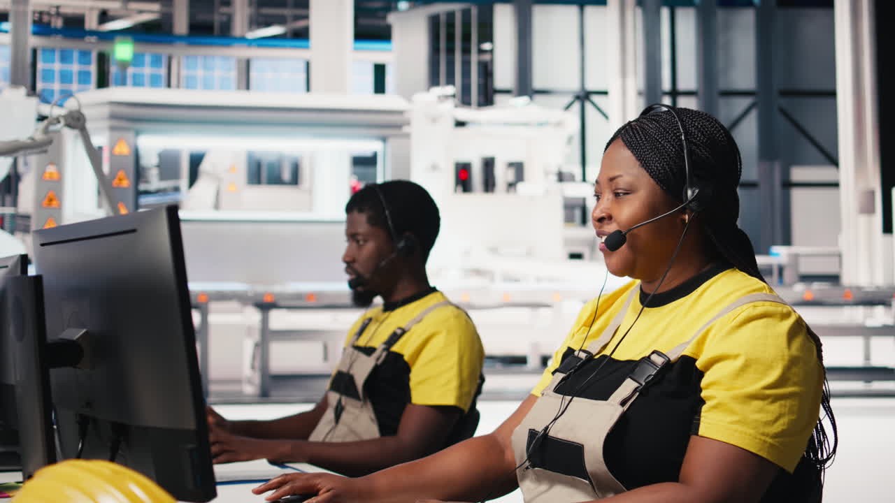 Vertical Video Solar energy female expert providing remote support in solar panel plant