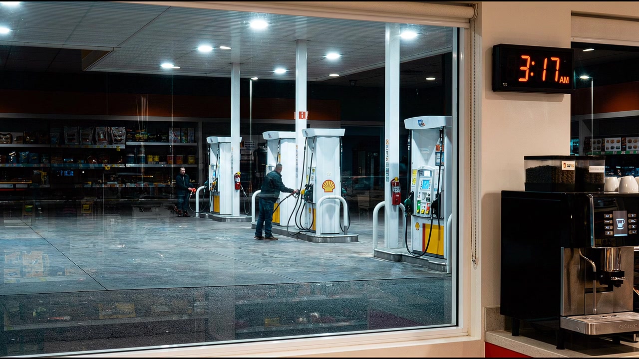 Attività mattutina in una stazione di servizio con veicoli e clienti sfocati e l'illuminazione interna luminosa del minimarket