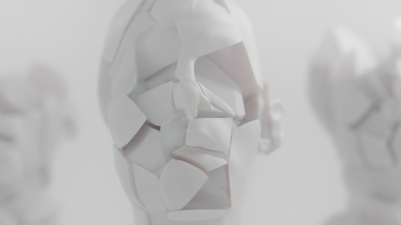 Three crushed android heads on spikes in white space