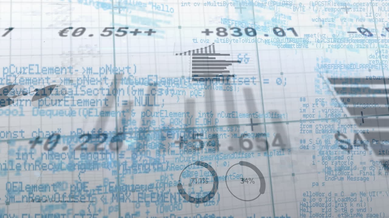 Animation of data processing over stock market on white background