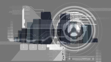 Processing futuristic data animation over cityscape with tall buildings