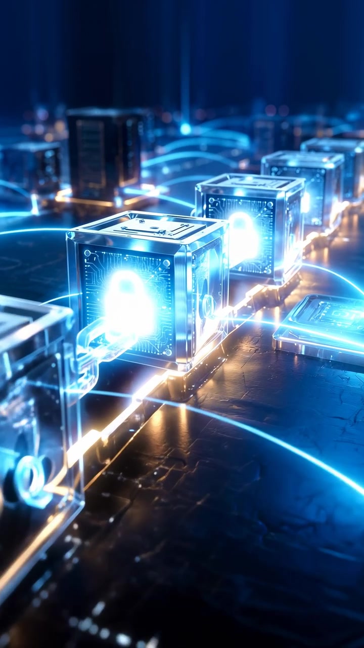 Glowing electronic patterns shift across dark circuit surfaces with bright blue light accents, layered composition, and detailed connection lines creating futuristic technology imagery.
