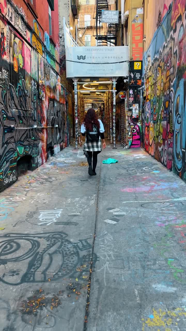 Nueva York, EE. UU., 25 de abril de 2025: Persona caminando por el callejón de grafitis en Chrystie Street. Vista trasera de una persona caminando por el callejón de grafitis en el 183 de Chrystie Street, Nueva York.