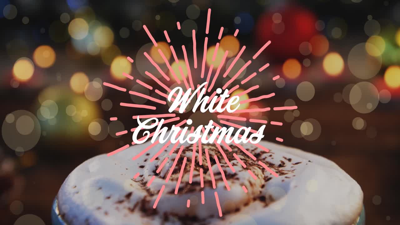 animación de texto de navidad blanco en blanco con estrella rosa sobre pastel y luces.