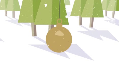 animation of swinging gold christmas bauble over green trees in snow