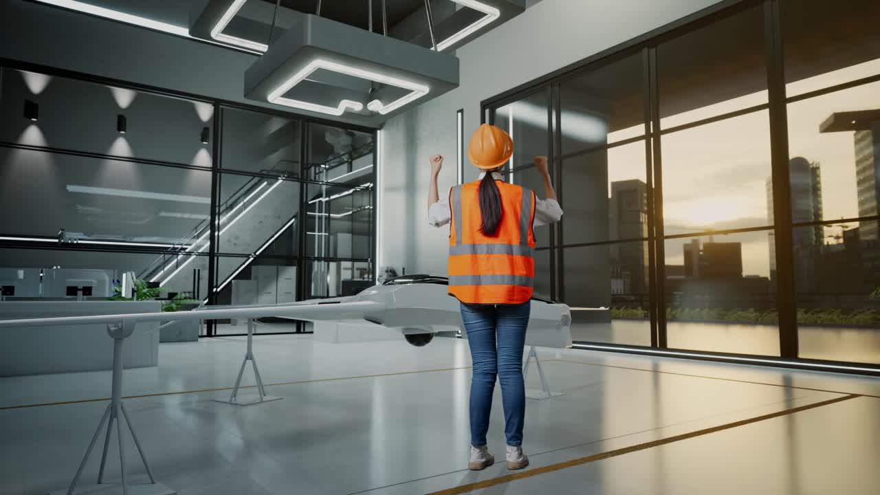 Vista posteriore a figura intera di un'ingegnere donna con casco di sicurezza che alza le mani festeggiando mentre lavora a un progetto di drone