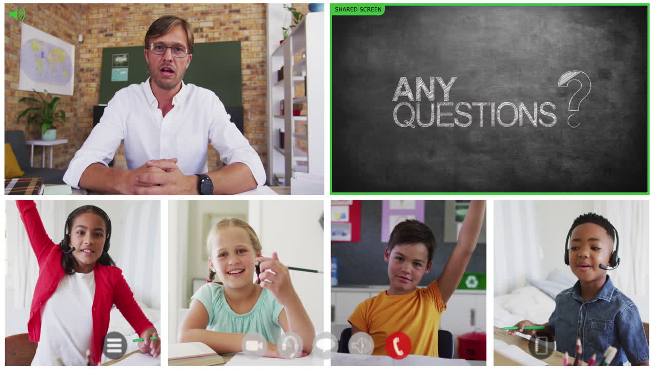 Animation of video call screens of chalkboard and diverse teacher and children having online lesson