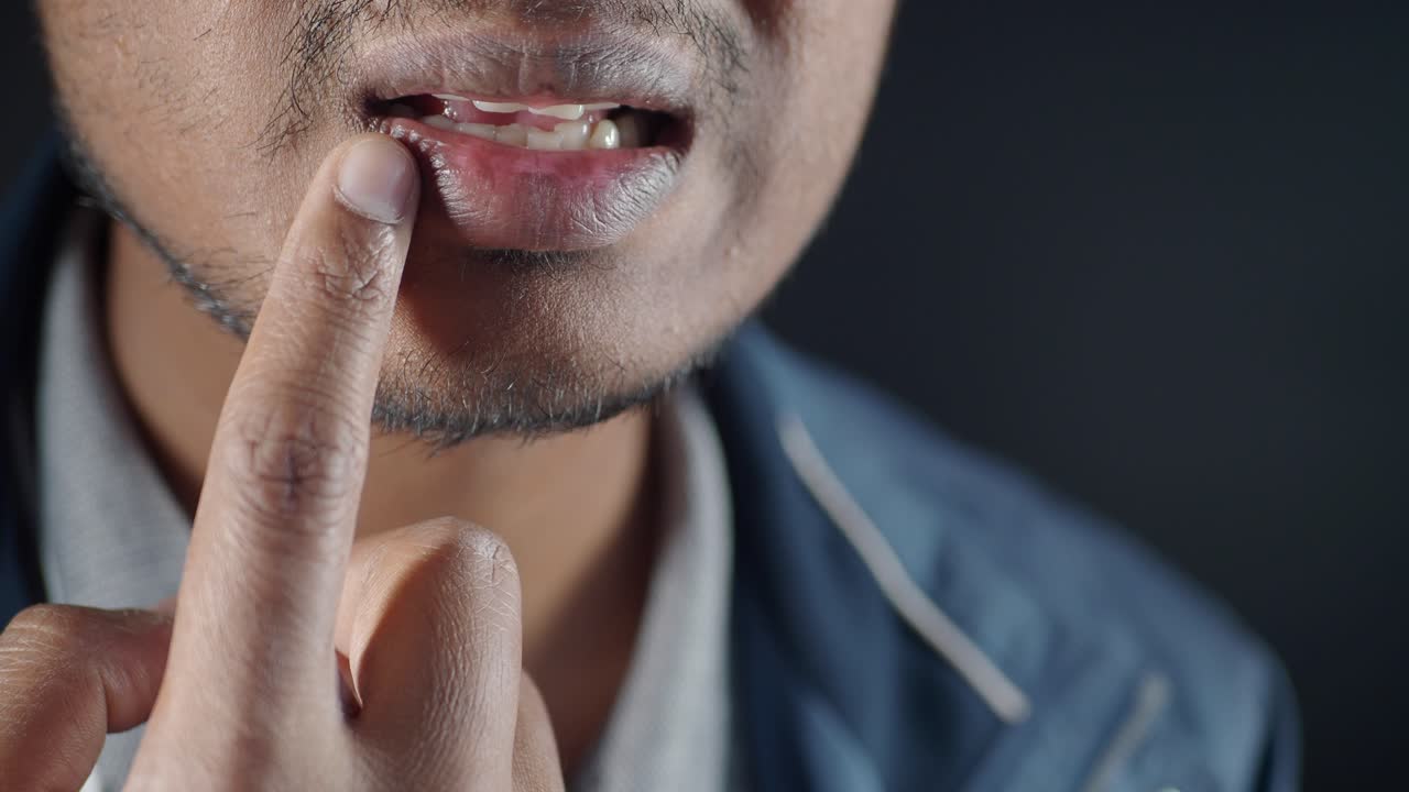 Primo piano del viso di un uomo mentre si tocca pensierosamente il labbro con il dito.