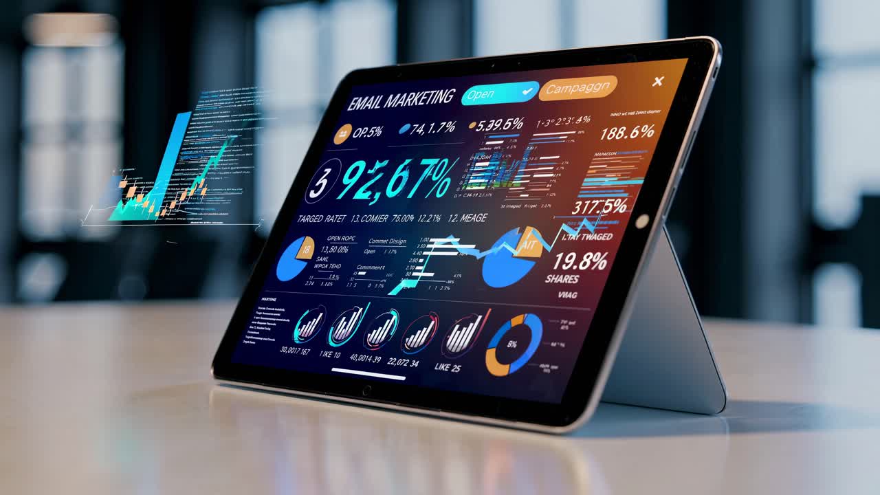 Futuristic video concept of a tablet displaying analytics, with a low-angle view