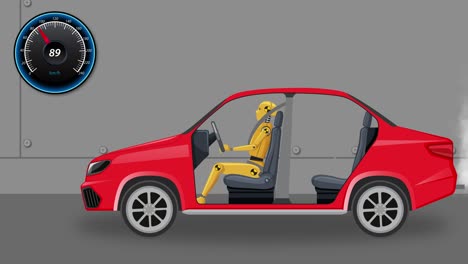 animated crash test with dummy and speedometer.