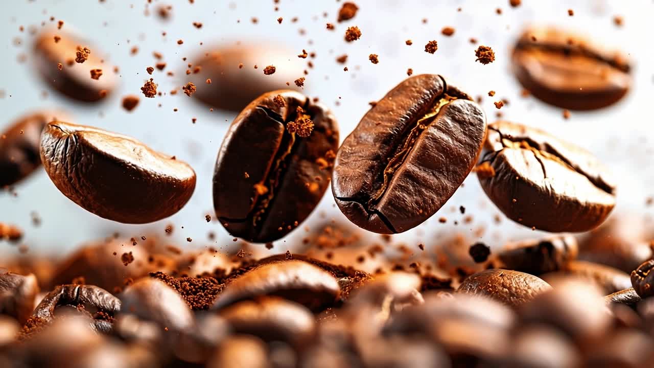 Coffee beans in the air. Coffee beans are suspended mid-air with ground coffee scattered below, showcasing their rich color and texture.