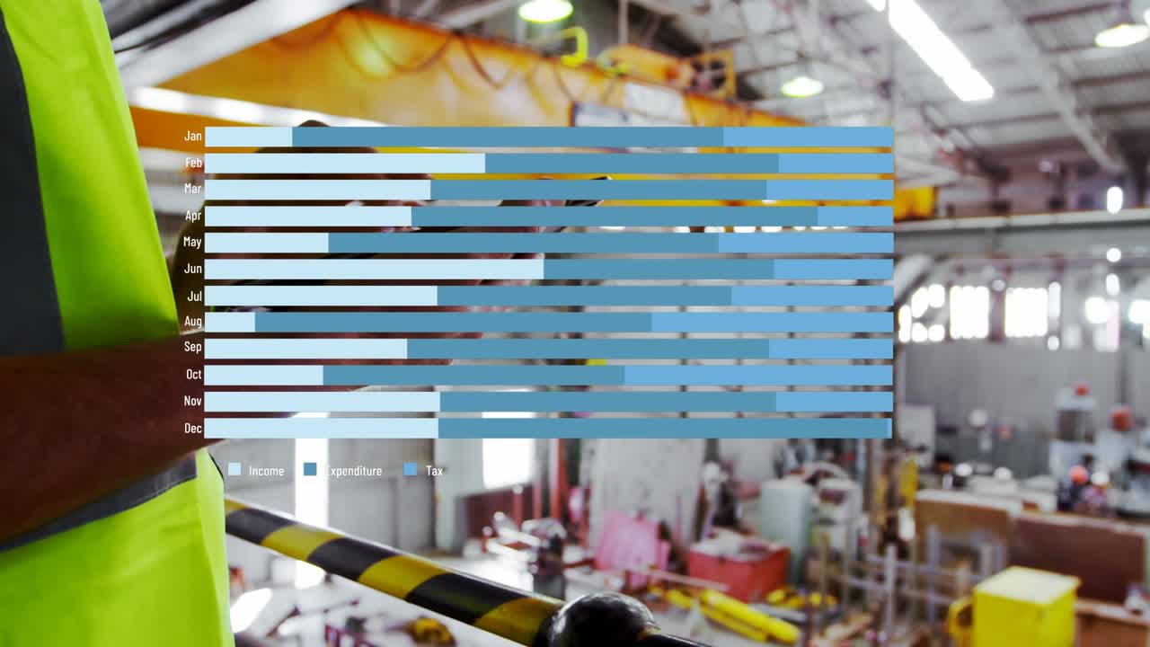 Animation of data processing over caucasian male worker in warehouse