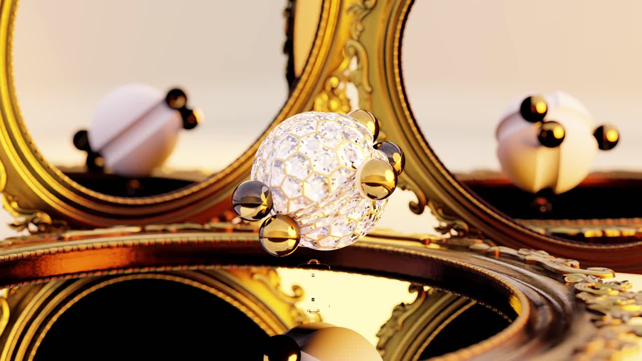 3D rendering of small shiny marble balls rolling on glittering sphere in loop