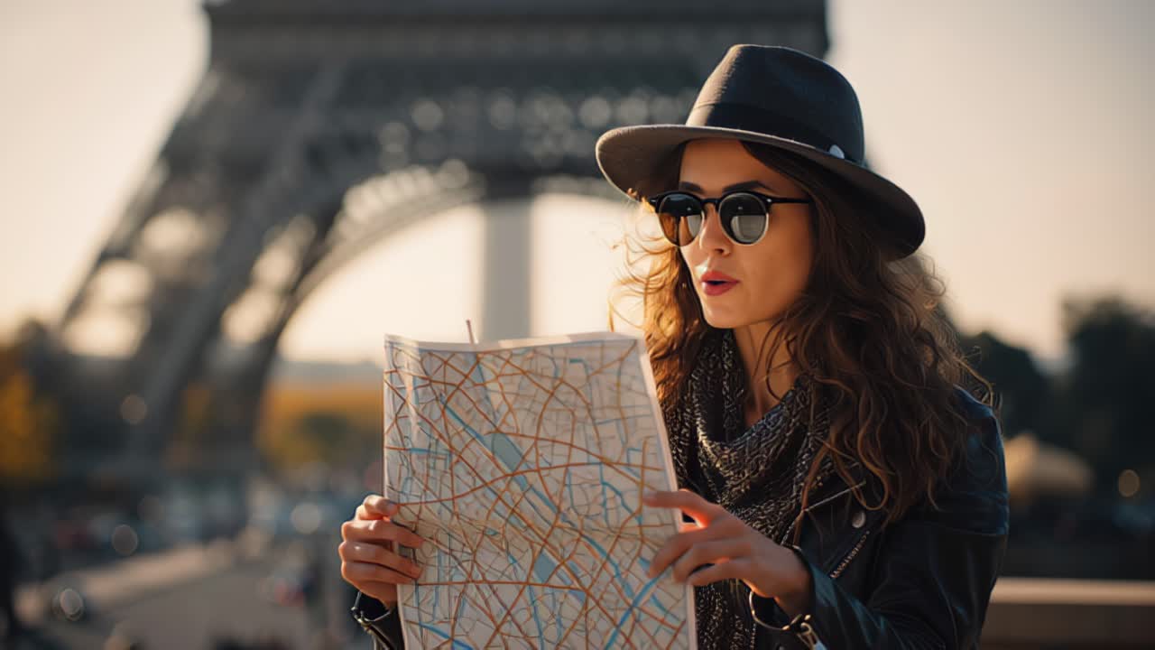 Filmato di una giovane donna alla moda con cappello e occhiali da sole che studia una mappa stradale con la Torre Eiffel sfocata dietro di lei a Parigi, Francia, durante la calda luce del tramonto.