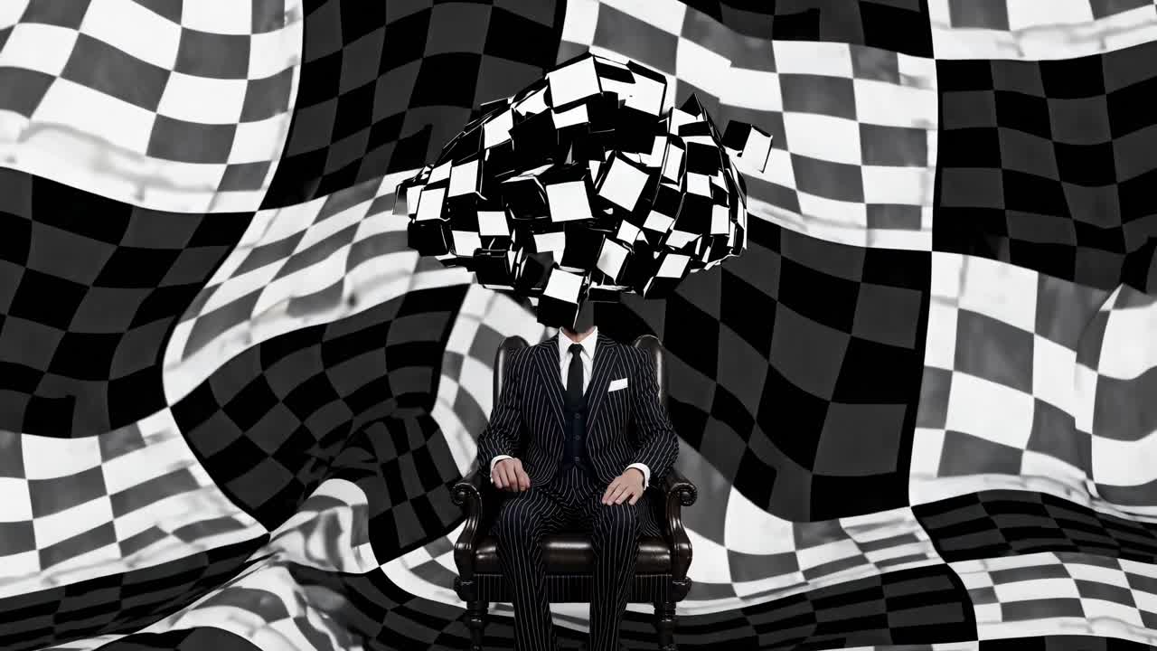 Professional businessman sitting in armchair, head replaced by surreal geometric shape, symbolizing psychological complexity of business challenges and innovative thinking