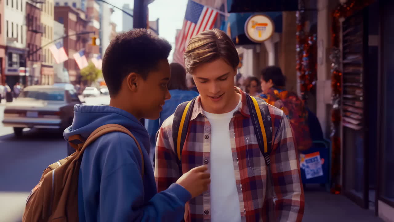 Two friends in a city environment