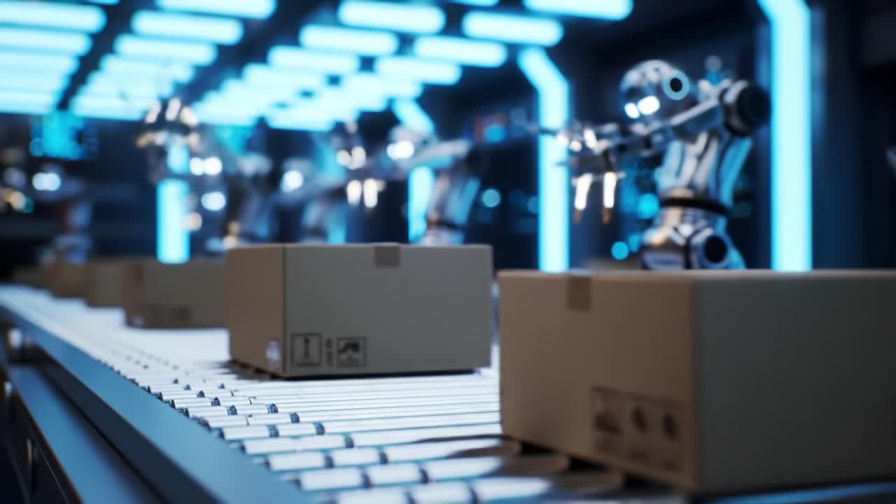 Automated Packaging and Sorting System in a Modern Warehouse: Showcasing Robotics and Conveyor Technology for Efficient Logistics Operations