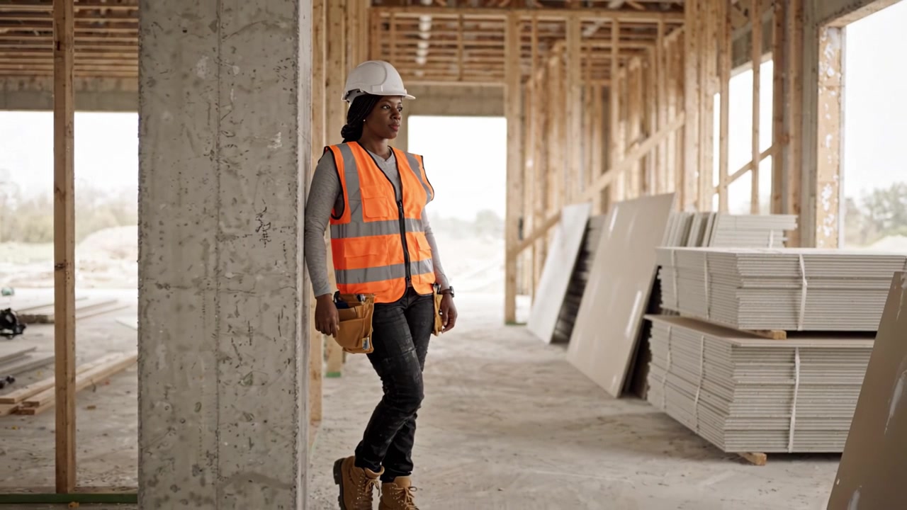 Female construction worker in safety gear leans against a wall at a construction site, showcasing their readiness and confidence in a male-dominated industry.