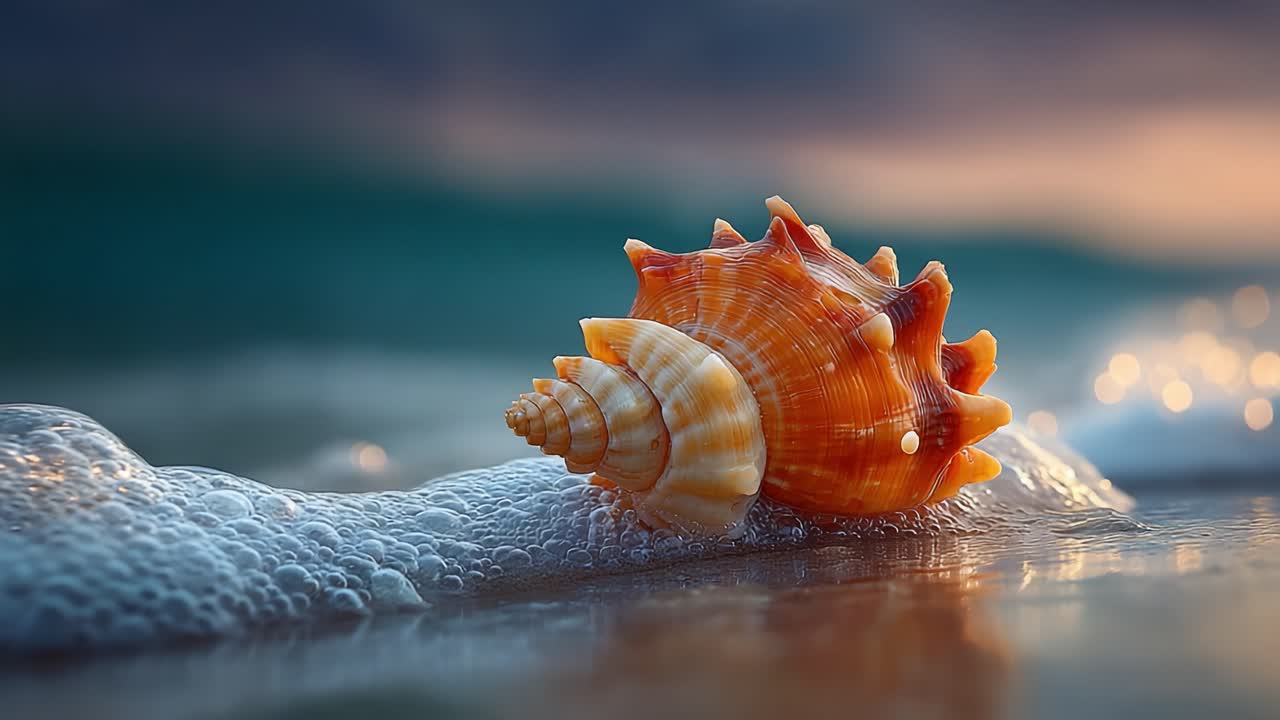 A Stunning Close-Up of a Spiky Seashell Resting on a Sandy Beach Stretched Along the Shoreline with Gentle Waves Rolling In from the Sea at Sunset