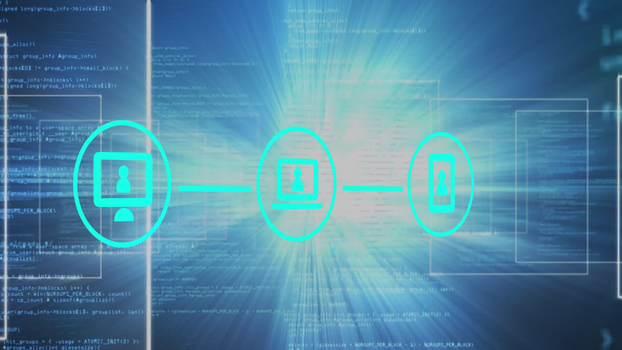 animación de una red de iconos digitales, procesamiento de datos y punto de luz brillante contra un fondo azul