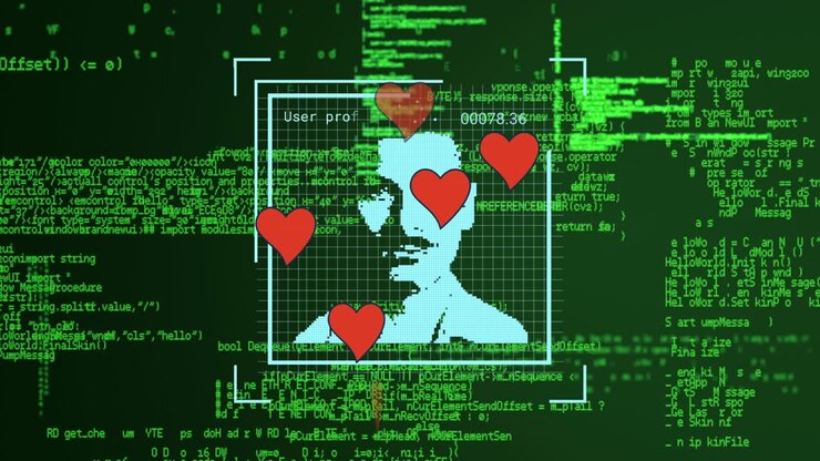 Animation of financial data processing and falling hearts over dark background