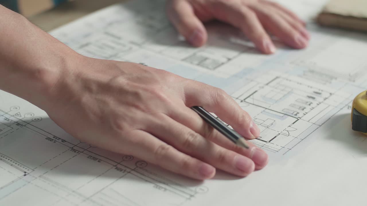 Close Up Of Hand'S Man Engineer Drawing Blueprint