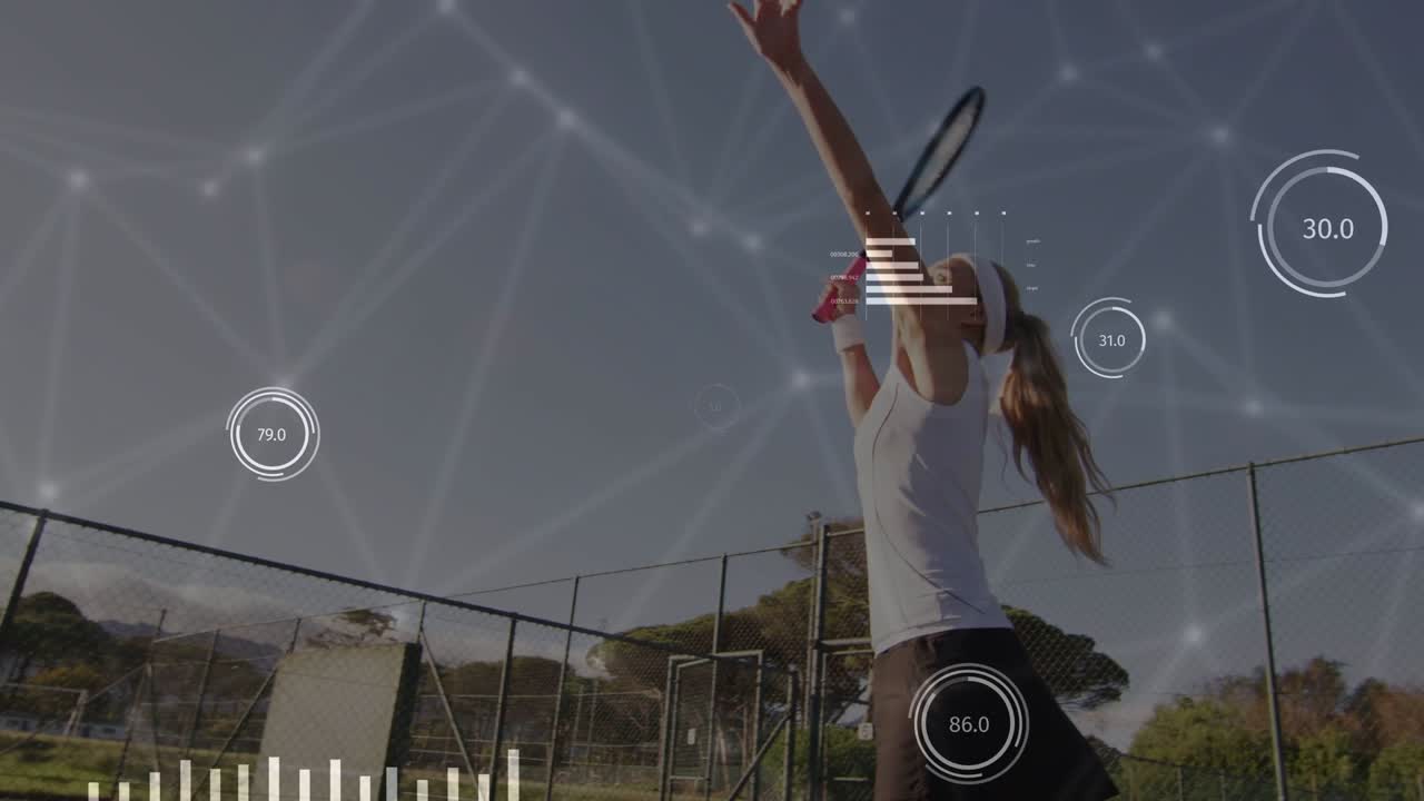 Female tennis player tossing then serving, HUD overlaying player showing metrics, bars for coaching
