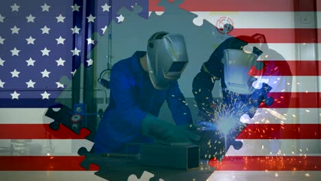 animation of american flag waving over man in the background