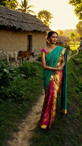 woman in teal sari in rural indian setting