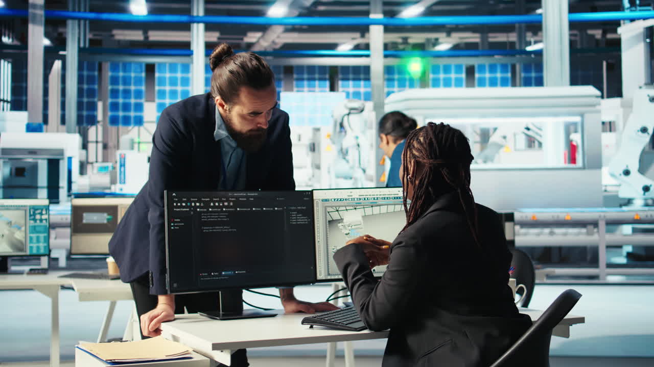 Photovoltaics factory admin coding, presenting progress to manager