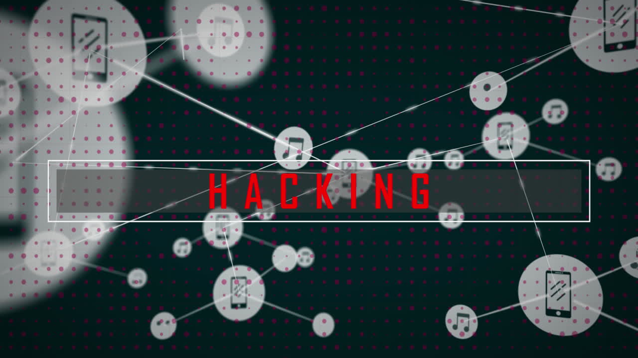 검은색 배경에 연결된 음악과 전화 아이콘과 함께 해킹 텍스트의 애니메이션