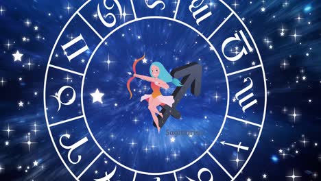 Animation-of-sagittarius-star-sign-inside-spinning-wheel-of-zodiac-signs-over-stars-on-blue-sky