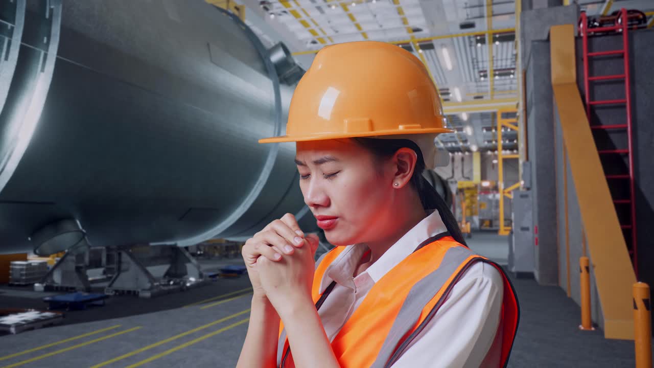 안전 헬을 입은 아시아 여성 엔지니어가 파이프 제조 공장에서 서서 무언가를 위해 기도하는 모습