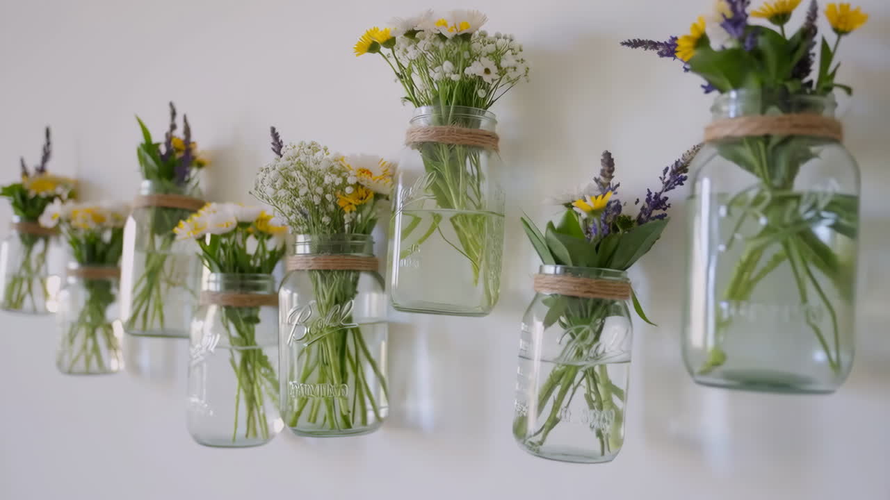 Mason Jars with Flowers as Wall Decor