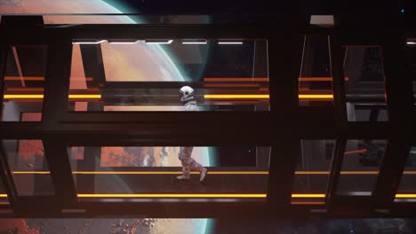 astronauta caminando por el corredor de la estación espacial