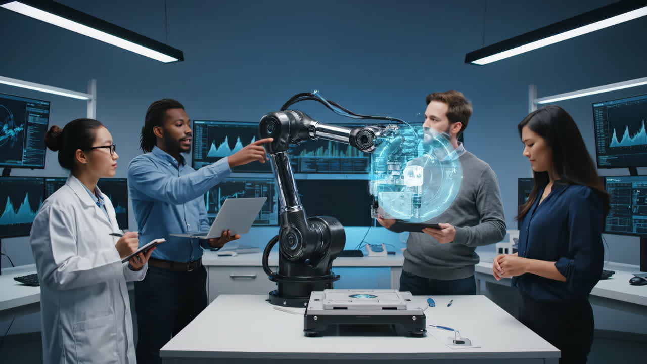 Researchers working with robotic arm in a lab