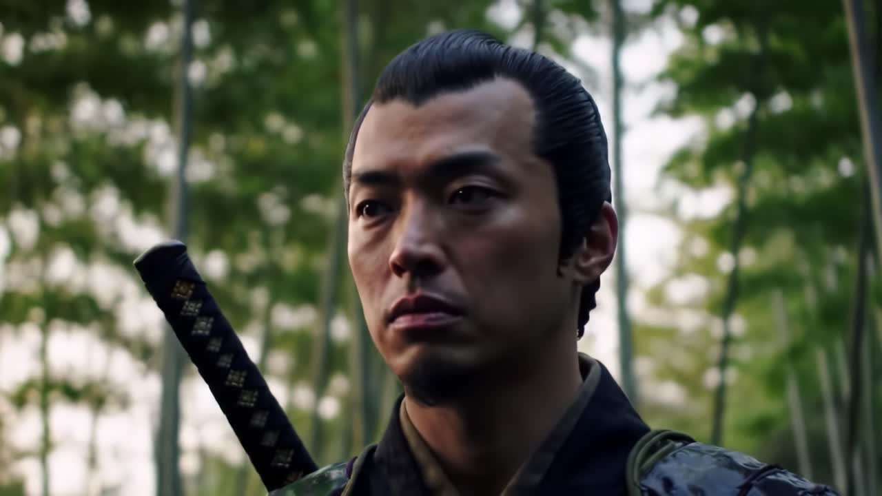 A skilled warrior in traditional attire stands in a serene bamboo forest. The early morning light filters through the tall trees, creating a calm atmosphere.