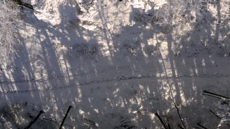 top shot, down view dolly shot of a snowy winter road in a forest