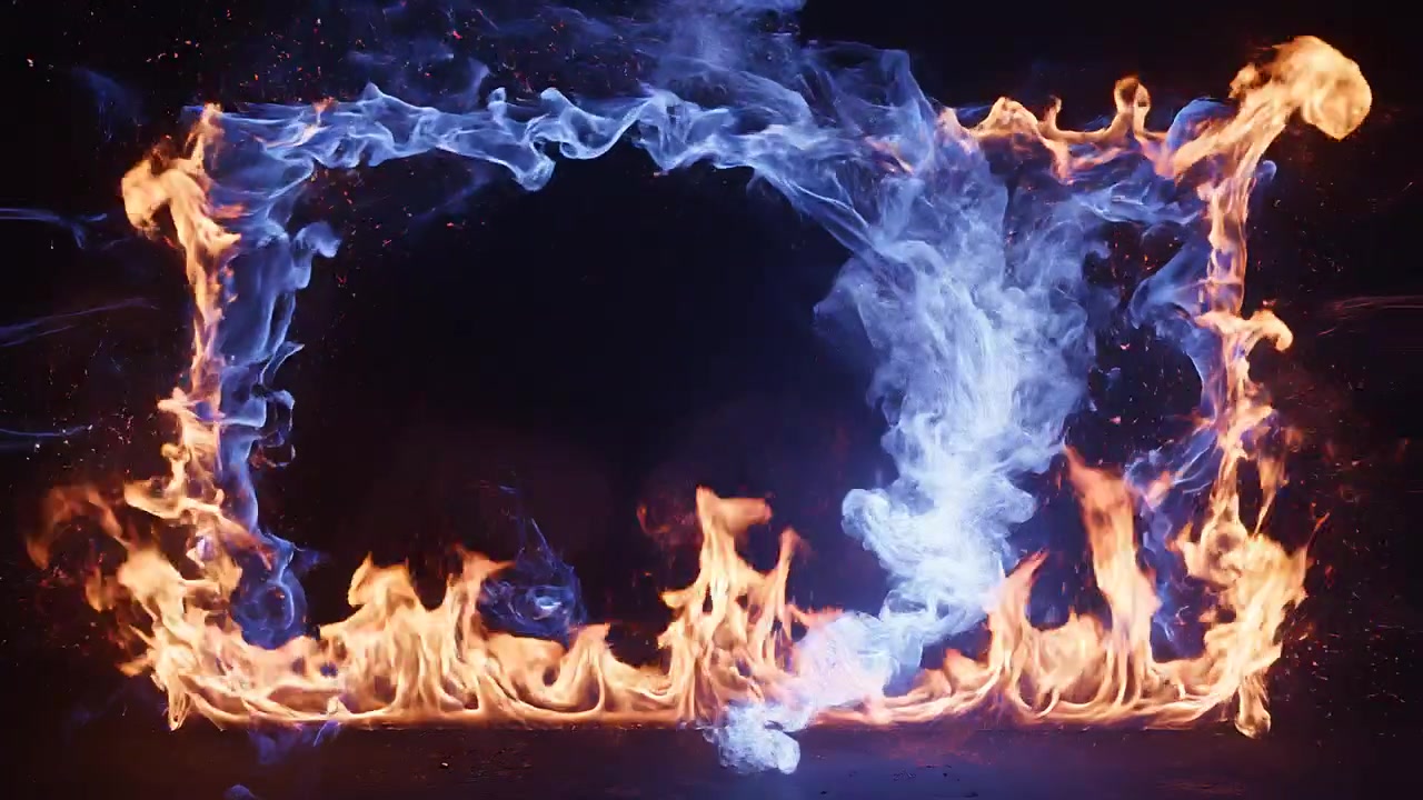 Cornice di fiamme blu e arancioni su sfondo nero