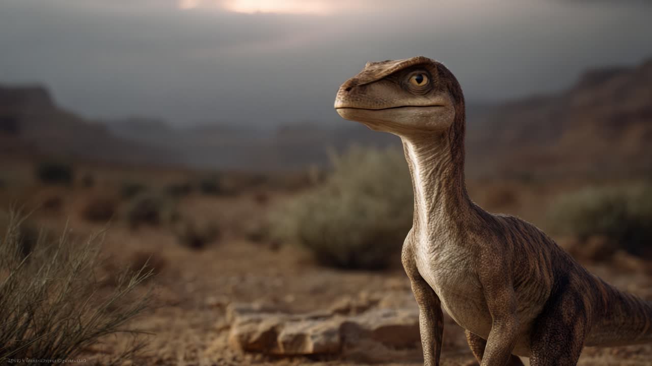 Una rappresentazione realistica di un Velociraptor in un paesaggio desertico, che mostra le sue caratteristiche dettagliate e il suo habitat naturale in un ambiente mozzafiato.