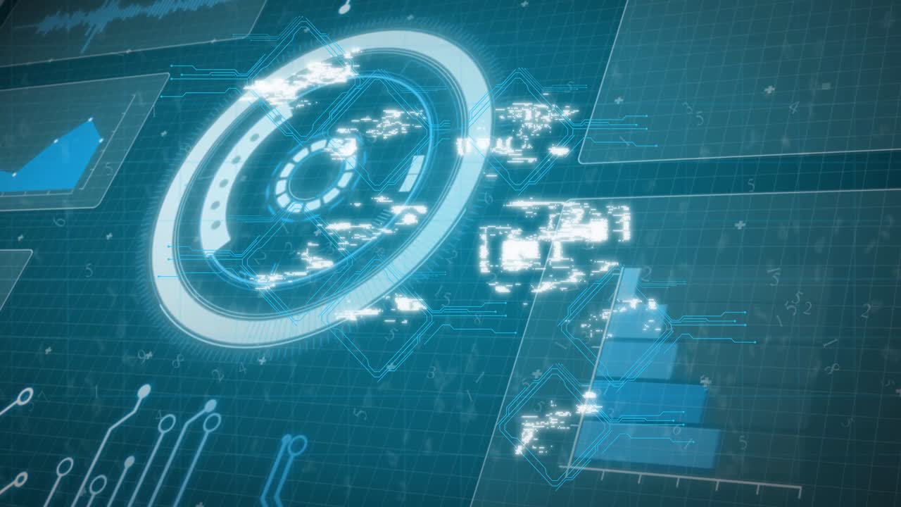 파란색 배경에 대한 데이터 처리와 인터페이스를 통해 여러 디지털 아이콘의 애니메이션